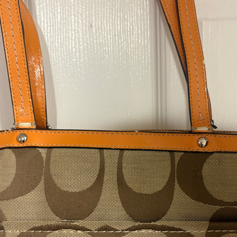 Coach Brown Signature Tote with Orange Trim - Picture 6 of 7